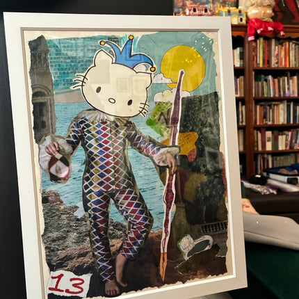 “Kitty Jester” Mixed Media Collage (13x10 Framed) – Original Artwork by Hilary Henwood