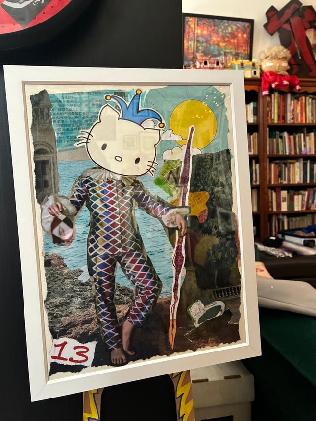 “Kitty Jester” Mixed Media Collage (13x10 Framed) – Original Artwork by Hilary Henwood