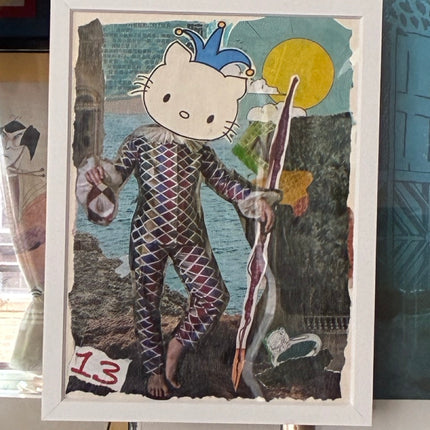 “Kitty Jester” Mixed Media Collage (13x10 Framed) – Original Artwork by Hilary Henwood