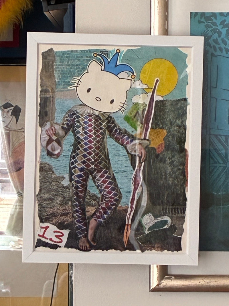 “Kitty Jester” Mixed Media Collage (13x10 Framed) – Original Artwork by Hilary Henwood