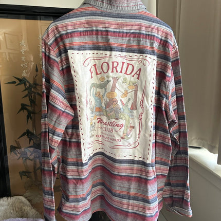 Upcycled Flannel Shirt w/ Hand-Sewn “Florida Wrestling Club” Patch – One-of-a-Kind by Hilary Henwood (XL)