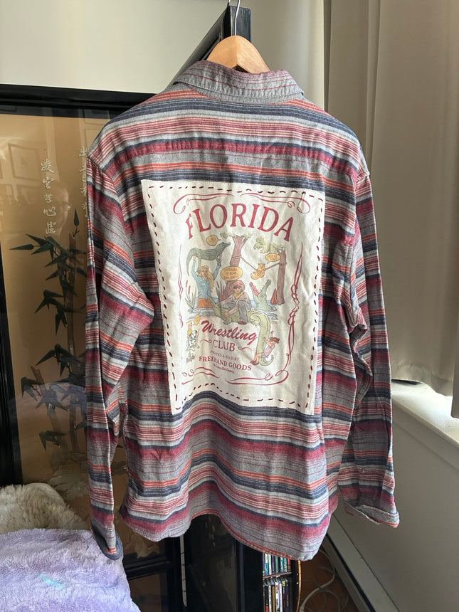 Upcycled Flannel Shirt w/ Hand-Sewn “Florida Wrestling Club” Patch – One-of-a-Kind by Hilary Henwood (XL)