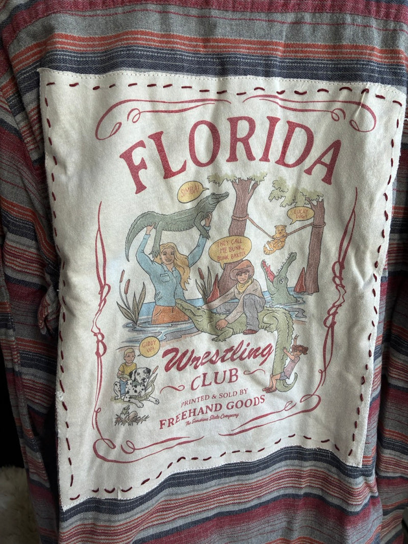 Upcycled Flannel Shirt w/ Hand-Sewn “Florida Wrestling Club” Patch – One-of-a-Kind by Hilary Henwood (XL)